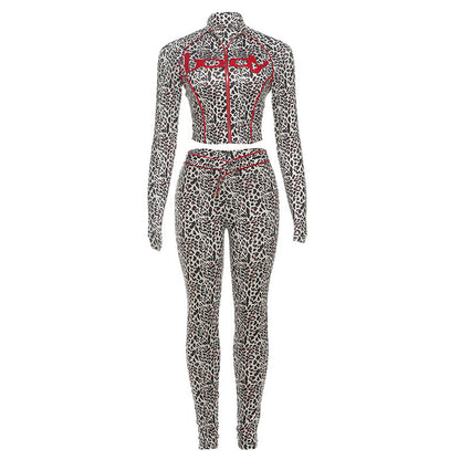 Women's Leopard Print Zipper Stitching Sports Tight Suits