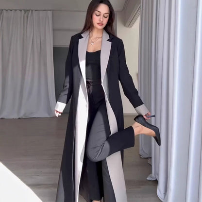 Women's Long Collar Stitching Contrast Color Trench Coats