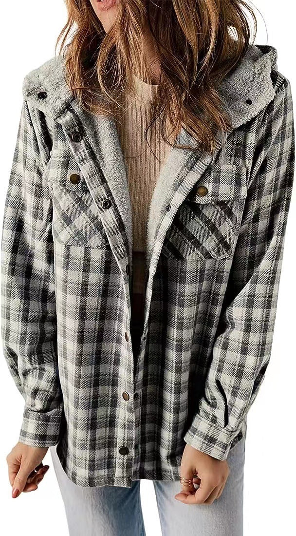 Women's Long-sleeved Plaid Woolen Hooded Lamb Wool Sweaters