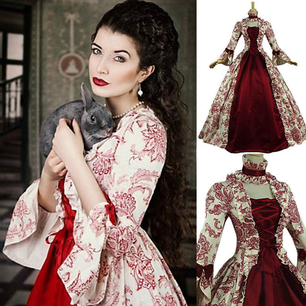 Medieval Victorian Court Dress Gothic Long Sleeve Printed Dresses