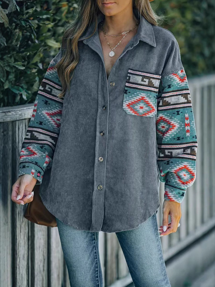 Women's Term Corduroy Pattern Printed Sleeve Plus Size