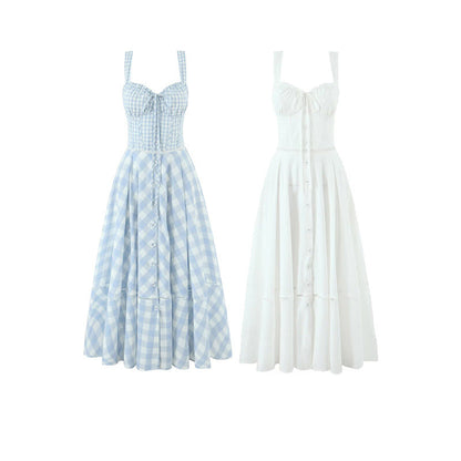 Women's Dignified Hollow Stitched Backless Large Swing Waist Trimming Spaghetti Dresses