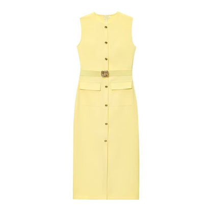 Spring With Belt Crepe Sleeveless Midi Dresses