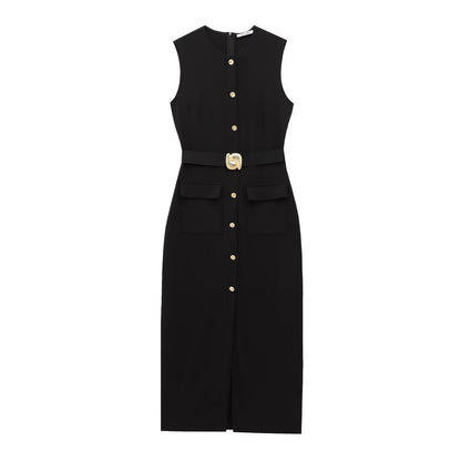 Spring With Belt Crepe Sleeveless Midi Dresses
