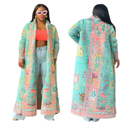 Women's Popular Pleated Printed Trench Long Coats