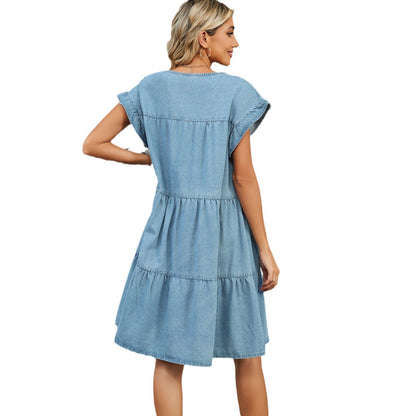 Women's Color Pullover Round Neck Denim Loose Casual Style Dresses