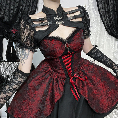 Women's Red Rose Jacquard Suspender Dress Gothic Style Dresses