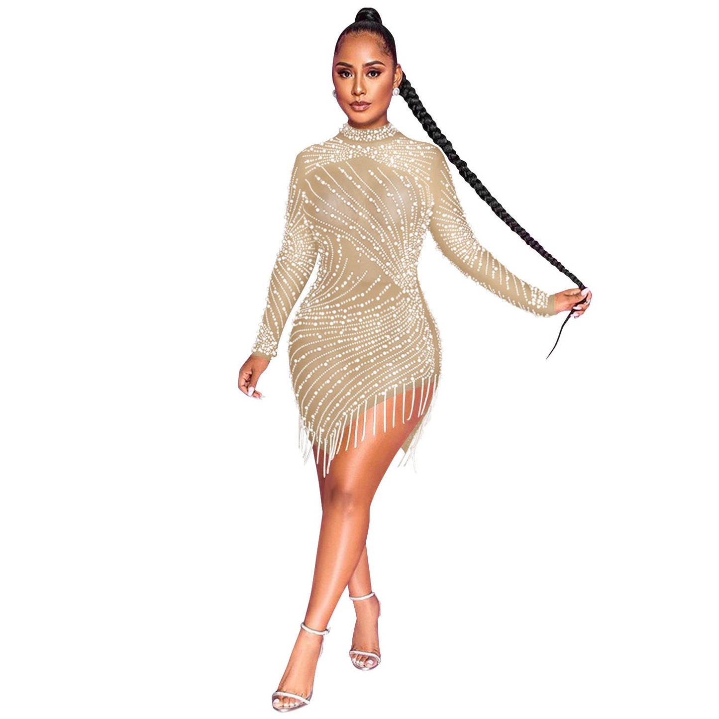 Nightclub Mesh Rhinestone Bubble Bead Tassel Dresses