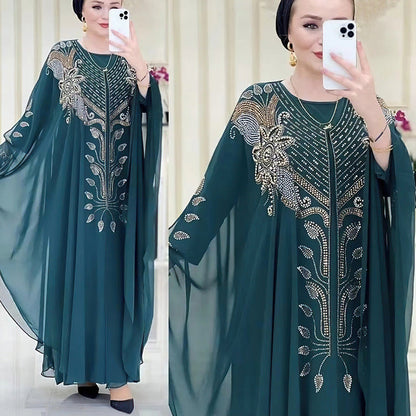 Women's African Dress Chiffon Rhinestone Robe Muslim Dresses