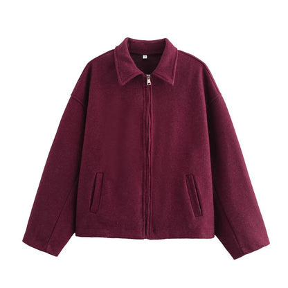 Women's Polo Collar Zipper Ornament Solid Color Coats
