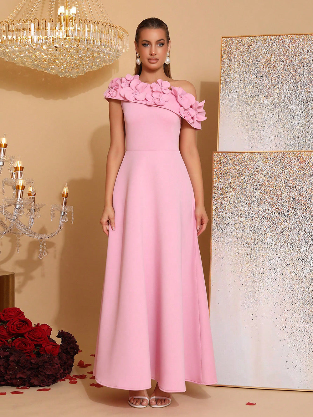 Elegant Oblique Shoulder Dress Stitching Flower Waist Slimming Style Dresses