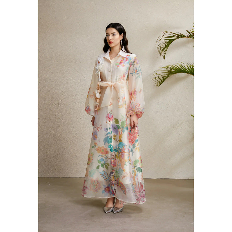 Women's Autumn Three-dimensional Floral Holiday Lapel Lantern Sleeve Dresses