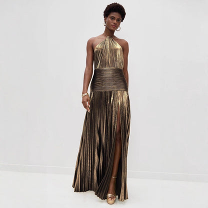 Women's Sleeveless Backless Metallic Pleated Split Halter Dresses