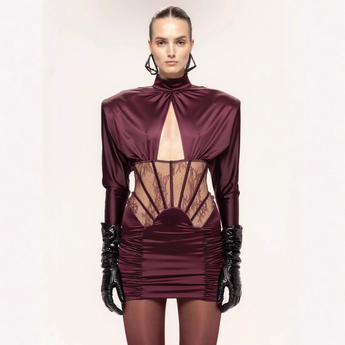 Pure Desire Lace Fishbone Hollow Long Sleeve Pleated Dresses