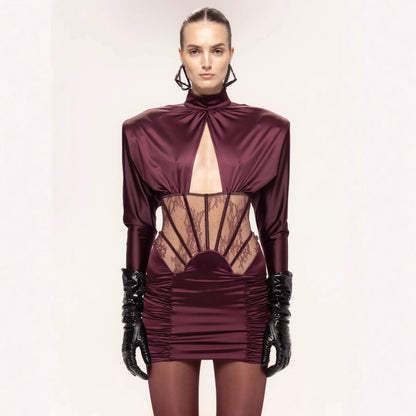 Pure Desire Lace Fishbone Hollow Long Sleeve Pleated Dresses