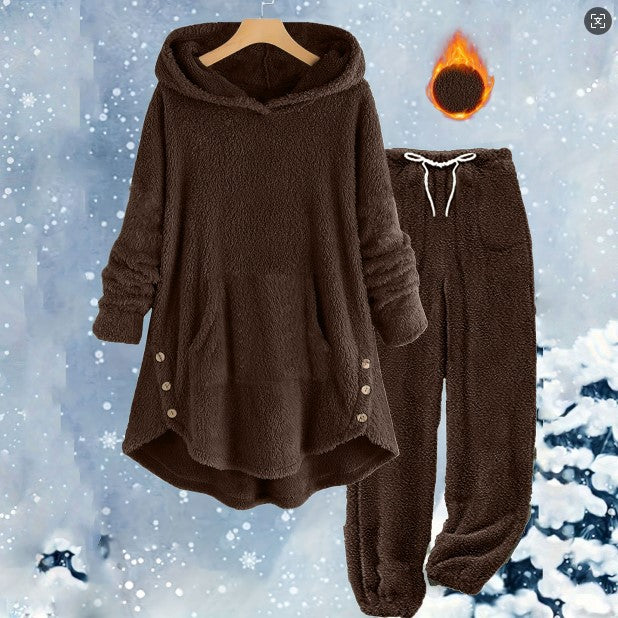 Women's Solid Color Plush Hooded Long Sleeve Suits