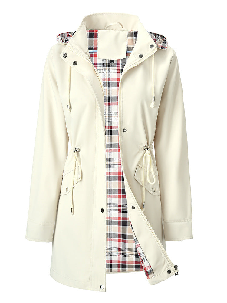 Women's Hooded Drawstring Plaid Lined Trench Coats
