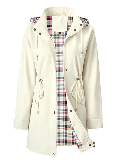 Women's Hooded Drawstring Plaid Lined Trench Coats