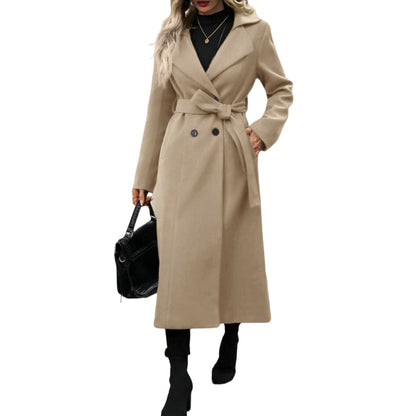 Women's Lapel Woolen Lace Up Double Breasted Extended Coats