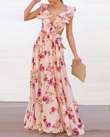 Women's Clothes Flower Print Stitching Backless Summer Dresses