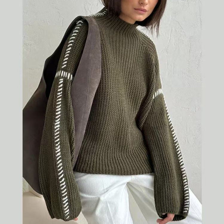 Women's Street Fashion High Collar Contrast Color Sweaters