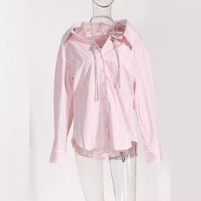 Women's Loose Mid-length Striped Long-sleeved Shirt High-grade Halter Blouses