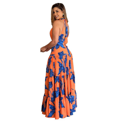 Women's Printed Elegant Halter Large Swing Dress Dresses