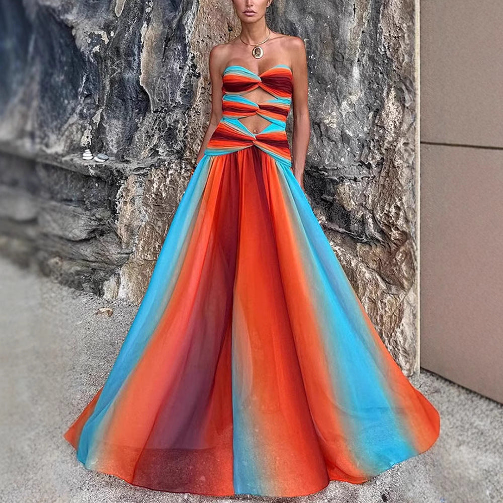 Graceful Tube Hollow Backless Color Matching Dresses