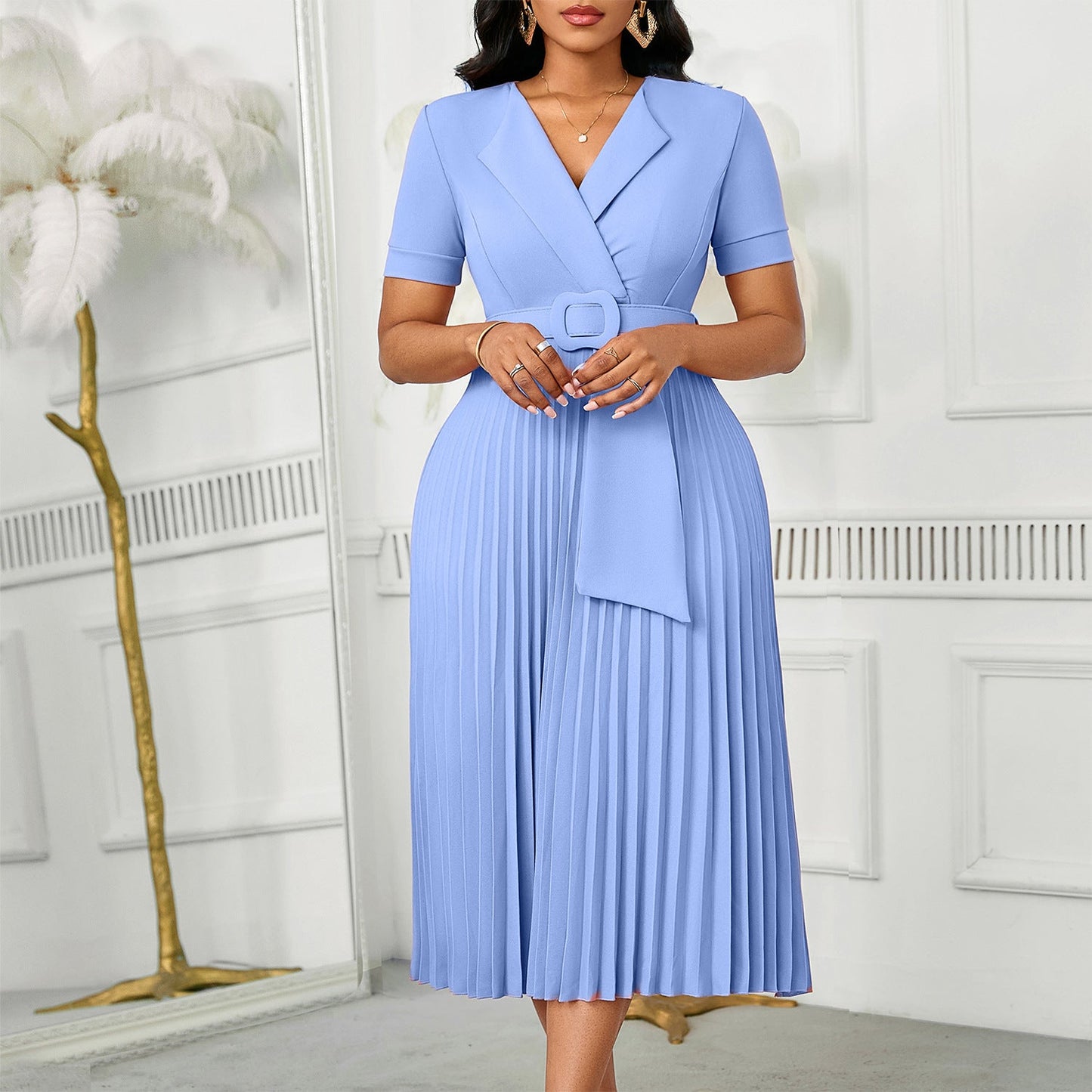 Sleeve Fashion Elegant Pleated High Waist Dresses