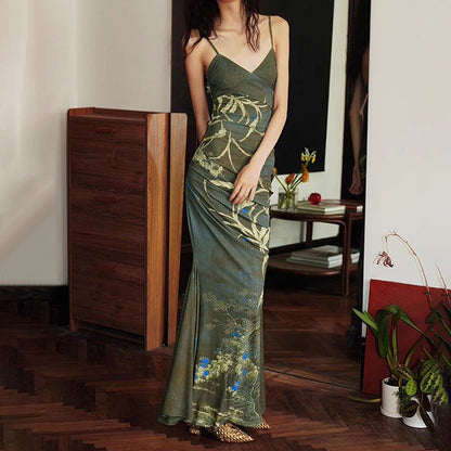 Women's Printed Pleating Long Strap Dress For Dresses