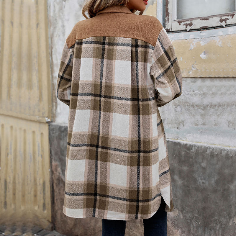 Women's Fashion Brushed Long Plaid Shirt Coats