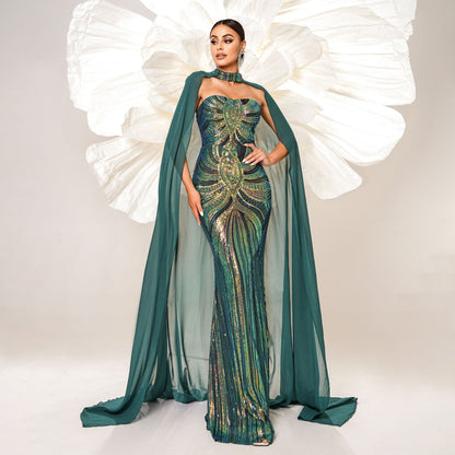Women's Sleeve Sequined Banquet Cloak Fishtail Dress Dresses