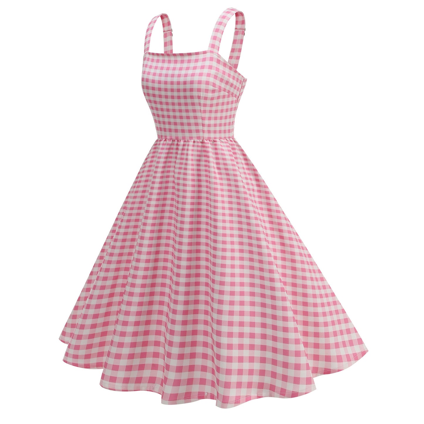 Pink Plaid Young Strap Long Dress Tops