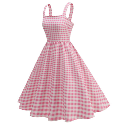 Pink Plaid Young Strap Long Dress Tops
