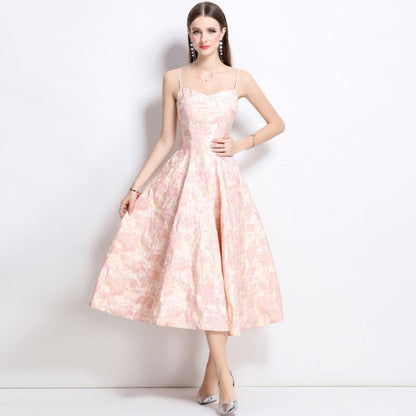 French Strap Dress Exquisite Jacquard Tight Waist A- Line Dresses