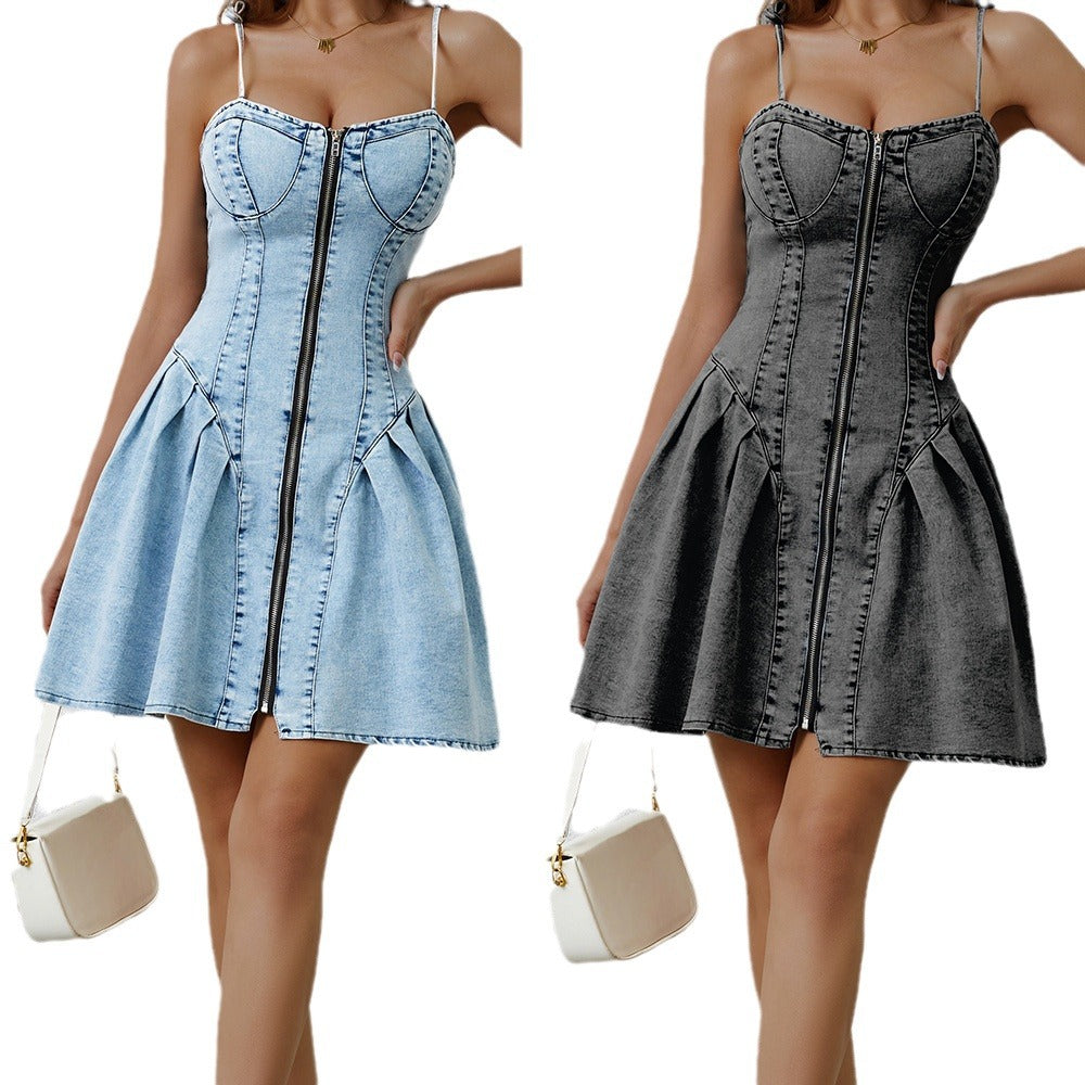 Figure Personality Street Splicing Sling Denim Dresses