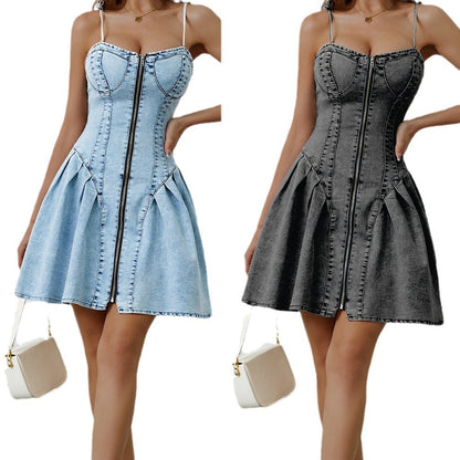 Figure Personality Street Splicing Sling Denim Dresses