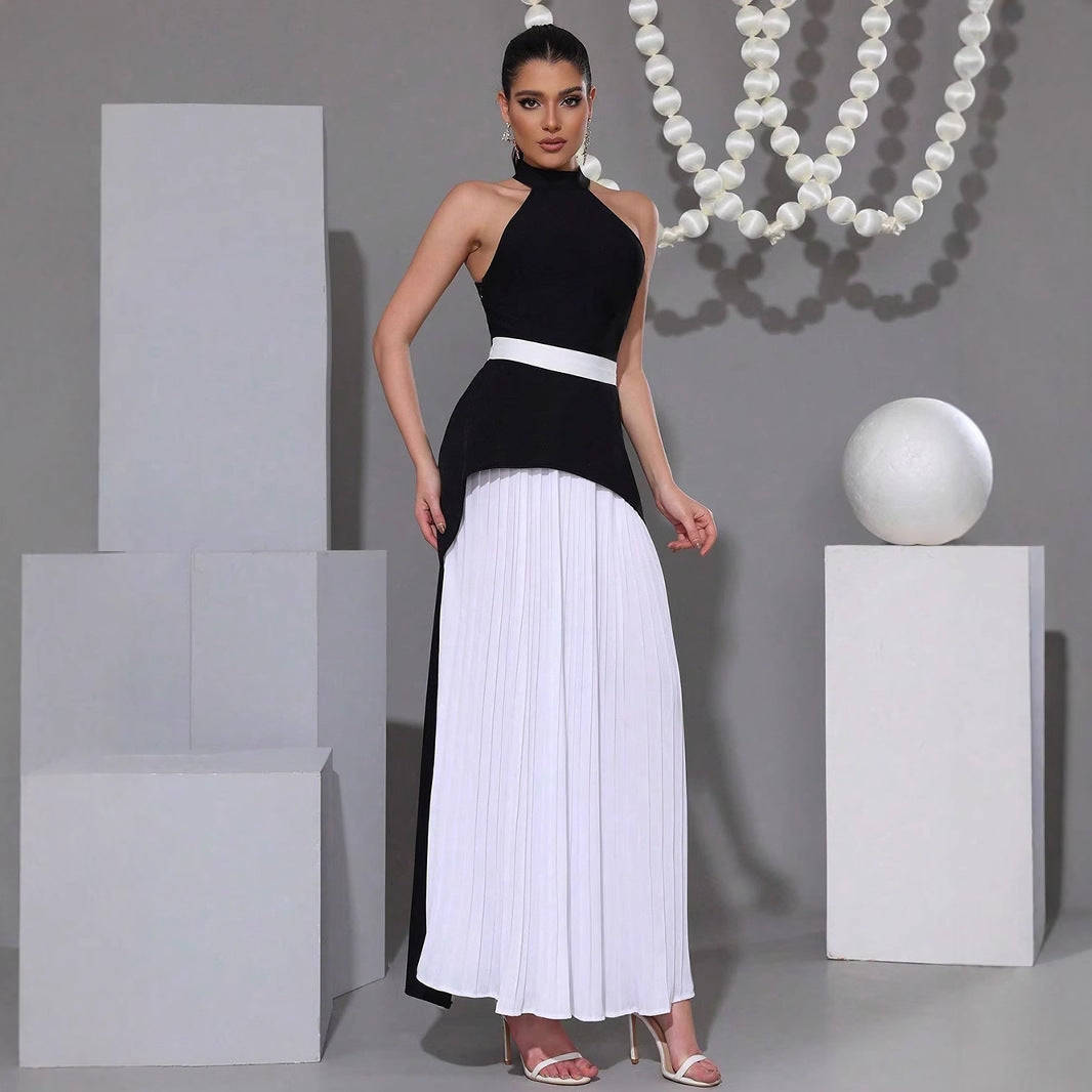 Women's Luxury Black White Contrast Color Long Pleated Skirts