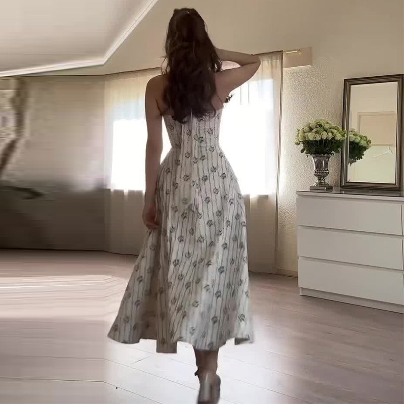 Women's French Halter Waist Trimming Printing Slim Dresses