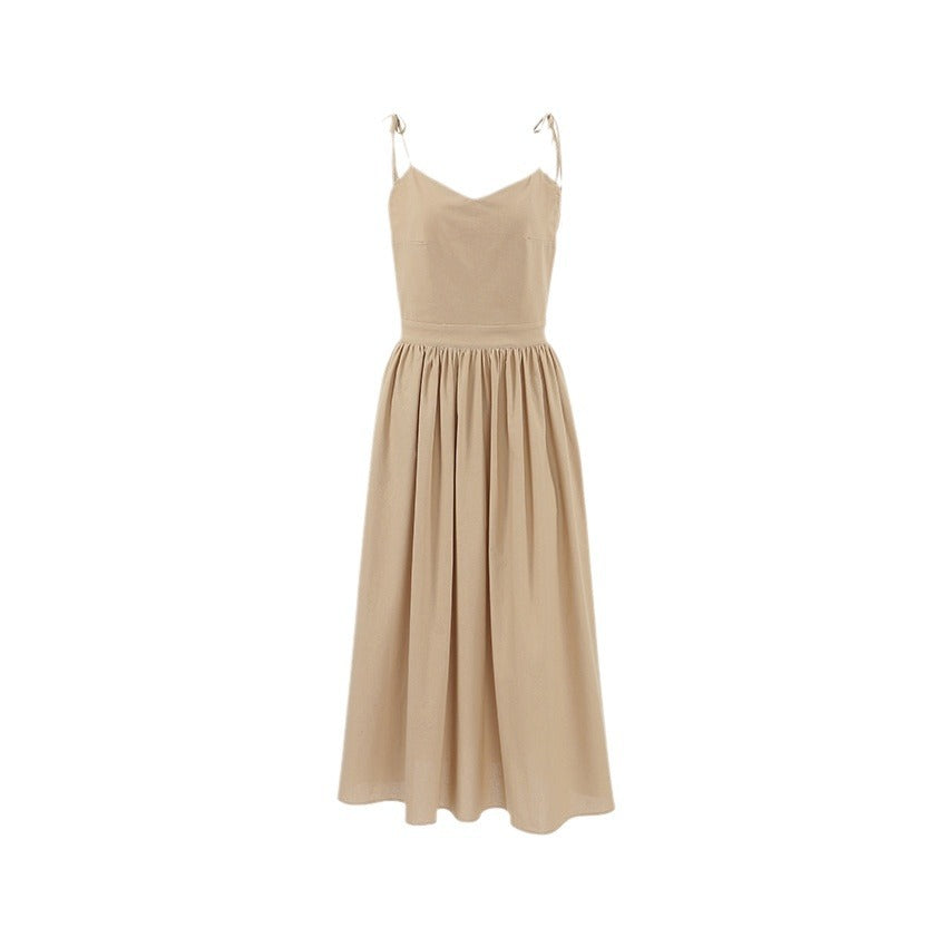 Women's Khaki Cotton Linen Sleeveless Holiday Mid-length Tied Clothing