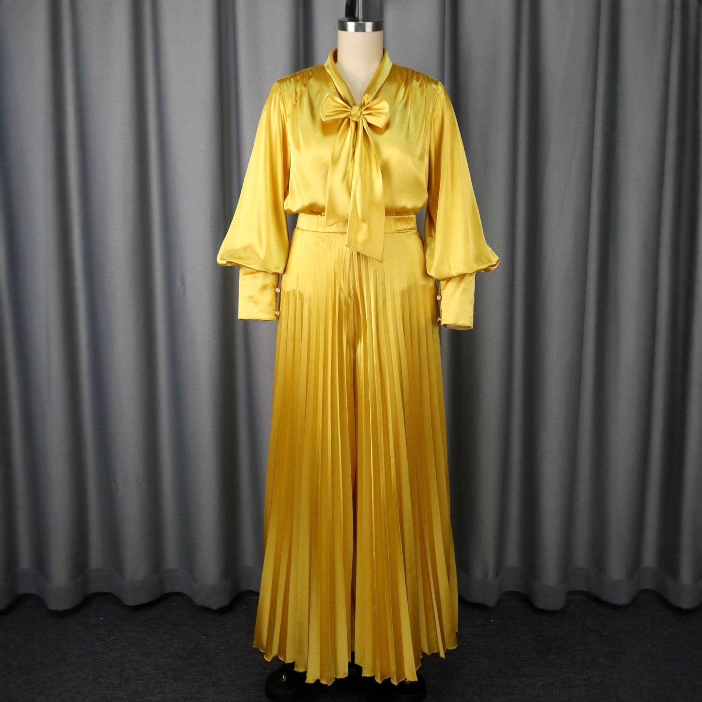Bow Long Sleeve Elegant Pleated Wide Suits