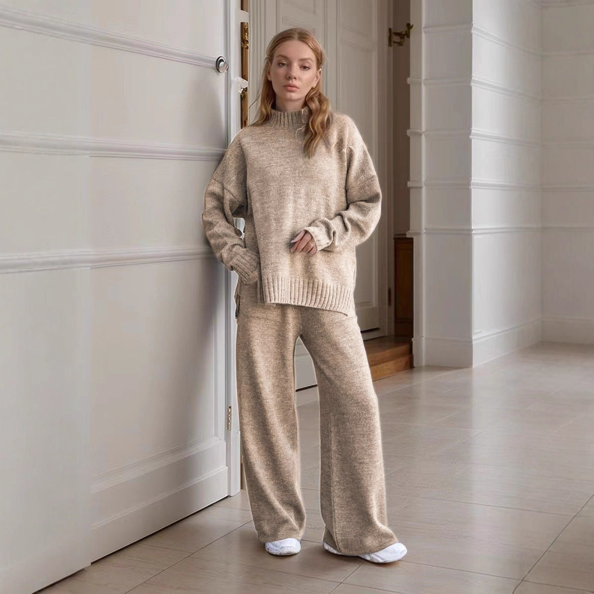 Women's Knitted Turtleneck Loose Long Sleeve Trousers Suits