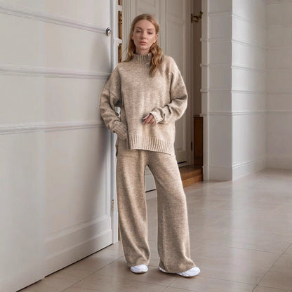 Women's Knitted Turtleneck Loose Long Sleeve Trousers Suits