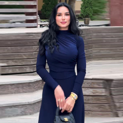 Women's Long Sleeves Slim Fit Dark Blue Dresses