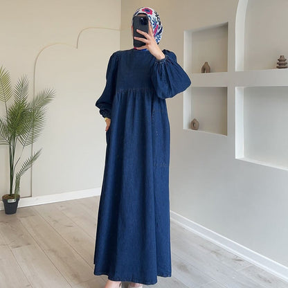Women's Color Round Neck Lantern Sleeve Loose Dresses
