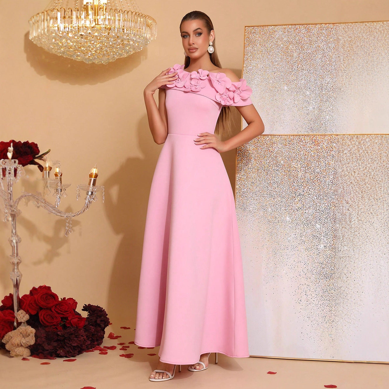 Elegant Oblique Shoulder Dress Stitching Flower Waist Slimming Style Dresses