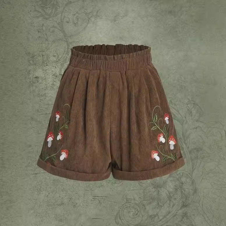 Corduroy Mushroom Embroidered Elastic Waist Casual Shorts