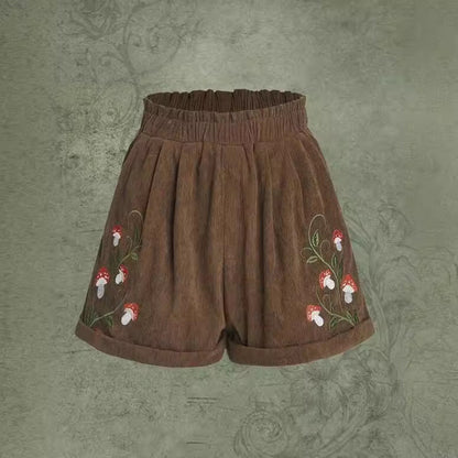 Corduroy Mushroom Embroidered Elastic Waist Casual Shorts