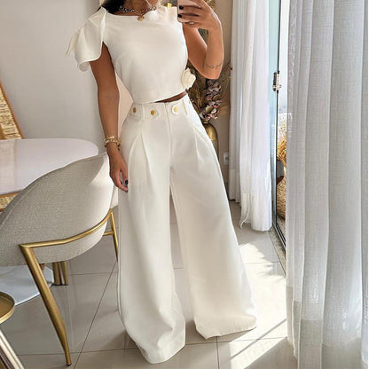 Women's Autumn Fashion Solid Color Single Room Petal Sleeve High Suits