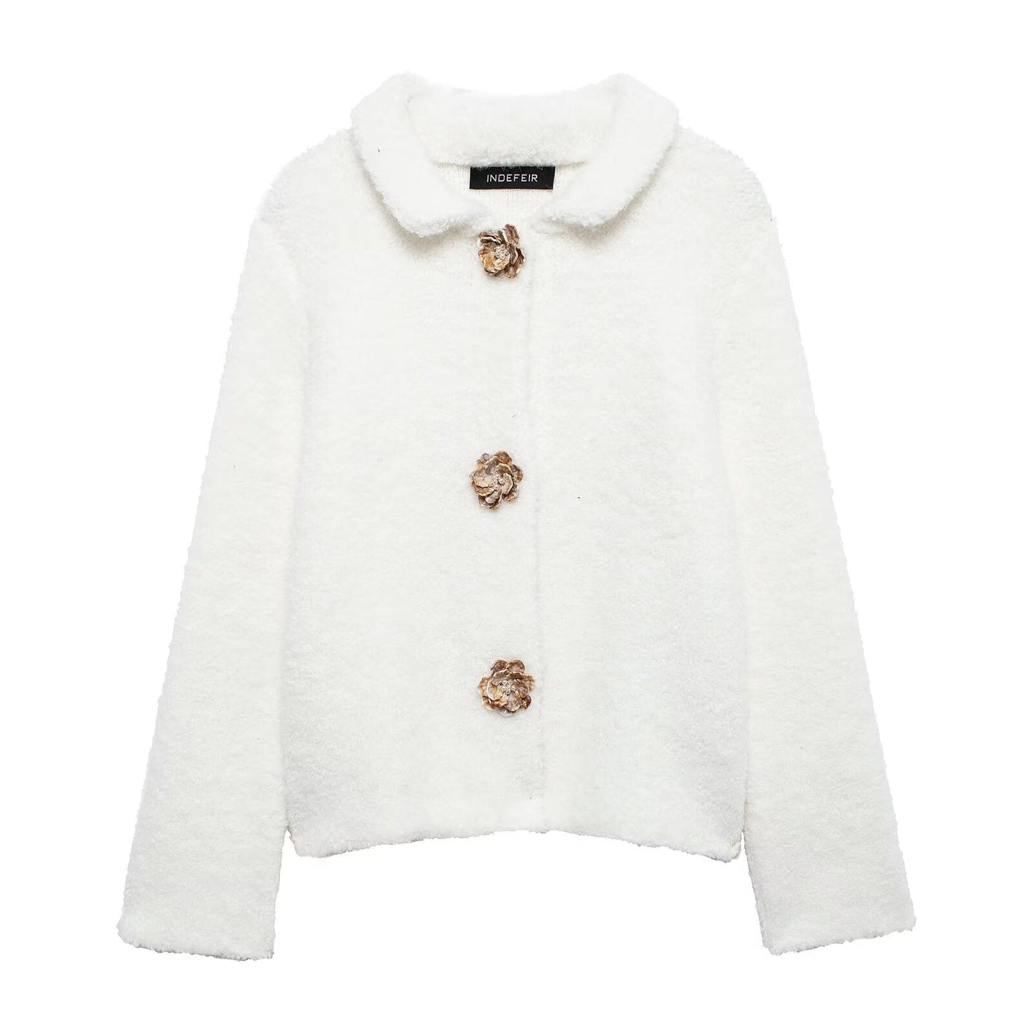 Women's Flower Breasted Artificial Fur Effect Knitted Coats